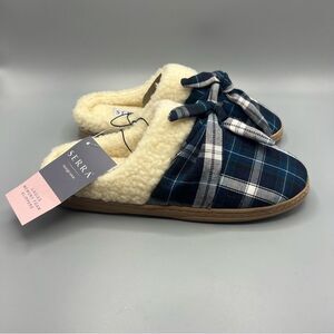 Serra Blue and Cream Plaid Memory Foam Slippers